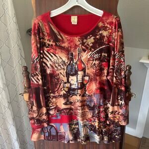 Jess Jane Shirt Women 1X Red Wine Tasting Sparkle Cotton Art to Wear Made USA